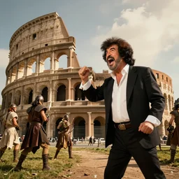 bob ross screaming at the colosseum gladiators