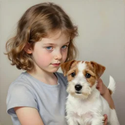 a seven year old girl with short wavy curly light brown hair and blue eyes petting the head of a very cute wire haired jack russell terrier puppy, white with brown patches over both eyes. detailed, high quality painting by artgerm and greg rutkowski and raymond swanland