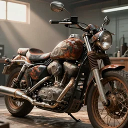 a Close up photograph of a rusty 1950's Harley Davidson in a repair shop, soft lighting, crepuscular rays, realistic octane render, 8k, ultra detailed, concept art