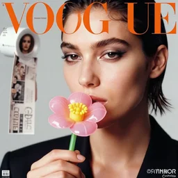 a studio close - up portrait of a a fashion model smelling a plastic flower. surreal photograph, lo - fi, polished look, silly and serious, hermes ad, vogue magazine, fashion photography, ( toiletpaper magazine ) by pierpaolo ferrari and ( maurizio cattelan ), 3 5 mm photograph, colourful, by ( pierpaolo ferrari ), maurizio cattelan, david lachapelle
