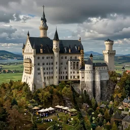 a medievil castle set in the hills with a market below in the fields, realistic, hyperdetail,
