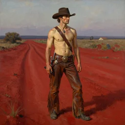 a homoerotic painting of a shirtless gunslinger wearing a bandolier and fringed leather pants in a red dert at twilight, natural lighting, path traced, highly detailed, high quality, digital painting, by gaston bussiere, craig mullins, alphonse mucha, j. c. leyendecker