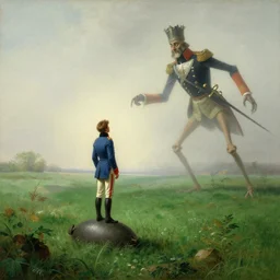 painting by caspar david friedrich of a french russian green steppe with a napoleonic young man wearing a blue jacket standing on a landmine!!!!!! staring at a giant, spindly count!!! king!!! lord!!! dressed in an old uniform with a saber and crooked limbs in a lush green field. lonely! foggy!!!