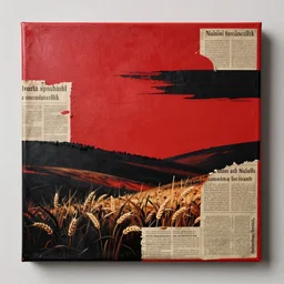 canvas coated with red paint, black stripes, matte paint, news articles wheat pasted
