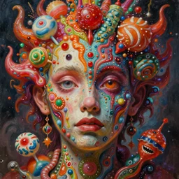 a high hyper - detailed painting with complex textures of the face of contradictions in fusion, when determinism and the indeterminate play strange syntheses awakening chaotic, deformed beings and rebellious monsters made of candies and psychotropic psychoactive substances psychedelic fulcolor spiritual chaos surrealism horror bizarre psycho art