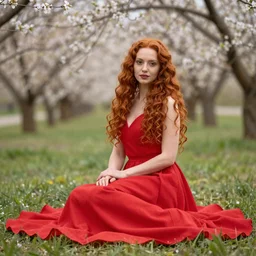 a portrait photography of a beautiful woman with red long curly hair and full body dress in red  by Flora Borsi, sitting in a spring garden, soft natural lighting, pastel colors scheme, fine art photography, dramatic backgroung, 50 mm sigma art