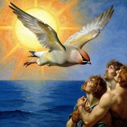 Tragic Portrait of Waxwing Icarus the Roman Demigod Son of Dedalus wearing wax wings flying too close sun falling towards the cruel blue sea. norman rockwell peter mohrbacher guillem h. poniluppi howard pyle Ilya Repin Michelangelo Buonarotti Leonardo Da Vinci rodin greg rutkowski james gurney. tombow masterpiece fresco watercolor grisaille Trompe-lœil