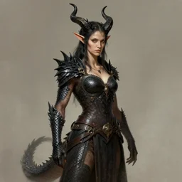 Humanoid woman, with black horns instead of ears, some black scales around her body, dragon tail, battle garments, fighter, high fantasy, portrait, by leonardo da vinci, artstationHD