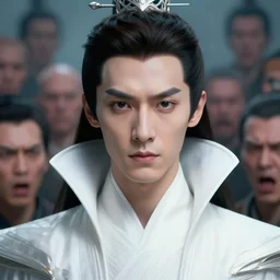 portrait of a regal prince with sharp cheekbones, white clothes, high collar, close up, intricate details, surrounded by blurred faces of a surreal angry mob, modern digital art, matte painting, futuristic!