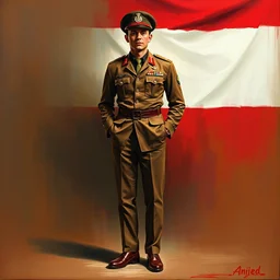 a realistic painting depicting a man wear brown veteran uniform, standing elegantly, wearing loafers, behind him is a indonesian flag.