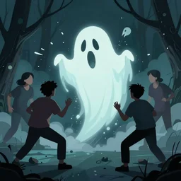 a group of people attacking a spooky ghost, digital art, trending on artstation