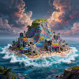 an ominous cinematic shot of a plastic beach island waves caustics cumulo volumetric dynamic fluid simulation lighting impressive colorful masterpiece graffiti hyper perspective textured detailed intricate sharp focus 8 k realistic illustration canon eos r 3 fujifilm x - t 3 0 sony alpha, by james gurney tooth wu artgerm