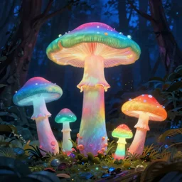 7 glowing mushrooms that are each a different color of the rainbow, illuminating and glowing in a dark blue moonlight forest, fineartamerica