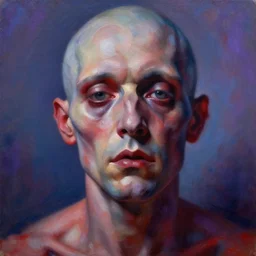 highly detailed and textured painting of a deformed anatomical portrait with dead eyes, emotionally expressive, highly detailed oil painting, soft light 1 6 k, red, blue and purple colour palette, cinematic composition, cinematic lighting, sharp focus, masterpiece by adrian ghenie and jenny saville,