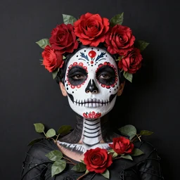 Beautiful La Catrina wrapped in vines + black paper + elements + red + purple + gold + neon + baroque + rococo + white + orange+ ink + tarot card with ornate border + marc Simonetti, paul pope, peter mohrbacher, Alfonse Mucha detailed, intricate ink