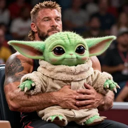 “ grogu ’ s head on brock lesnar ’ s body, hiperrealist, photorealist, unreal engine 5, 4 k uhd ”