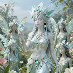 a highly detailed beautiful divine tribal high priestess and water nymphs with feathers and crystals in a lush field of flowers, playing in waterfalls, wide painting by greg rutkowski and hr giger, zbrush, trending on artstation : 1 h 1 0 2 4