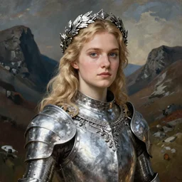 beautiful rugged saoirse ronan, blonde hair, wearing silver armour, ornate silver wreath, oil painting by titian, hard focus, masterpiece