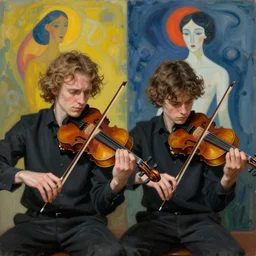 two young violin players in distress, francis bacon and pat steir and hilma af klint and james jean, psychological, intriguing details, rendered in octane, altermodern