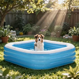 instagram photo, a dog in the inflatable pool, garden