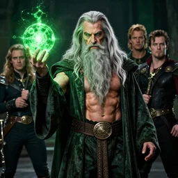 supervillain ripped physique portrait Jeremy Irons donning a Gandalf costume whilst brandishing a green glowing orb jean sebastien rossbach jeff easley jen bartel