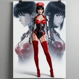 girl wearing robotic suit, high detail, nurse's leather suit, in red velvet stockings, red bra, high shoes, full length, very anime, fine - face, audrey plaza, realistic shaded perfect face, fine details. anime. realistic shaded lighting poster by ilya kuvshinov katsuhiro otomo ghost - in - the - shell, magali villeneuve