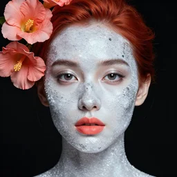 Portrait of a Jewish woman, close-up, ice, diamond skin, high sharpness, zeiss lens, fashion photo shoot, flowers, red hair, coral lipstick, on the background black , in semi prakEduard Buba, Annie Leibovitz, Paolo Roversi, David Lazar, Jimmy Nelsson, Eiko Hosoe, artistic, hyper-realistic, beautiful face, octane rendering