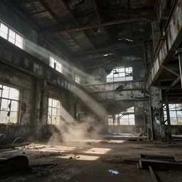abandoned industrial factory interior, dust visible by sun rays, digital art, trending on artstation