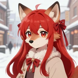 a cute anthropomorphic maned wolf girl anthro wearing red hair - ribbons, winter city streets background, manga, furry, intricate details, aesthetically complementary colors, scenic background, absurdly detailed digital painting. trending on artstation, top rated on pixiv and furaffinity, by charles monet and jason chan