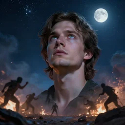 epic cinematic artwork of mystic in his twenties, clean shaven with medium brown hair and green eyes, looking up at to the starry night sky as a battle rages on around him by greg rutowski, 4 k, masterpiece, moonlight