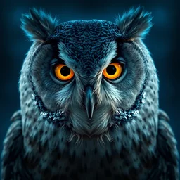portrait of a gray owl attacking, by eraldo carugati, bright golden eyes in the night, blue night lighting, symmetric, album cover art, highly detailed, digital painting, artstation, concept art, sharp focus, cinematic lighting, illustration, art by artgerm and greg rutkowski, alphonse mucha, cgsociety