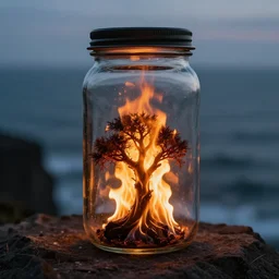 glass jar with a flaming burning tree inside, standing on a cliff, bokeh, ocean in the background, dark lid, dramatic lighting, hyperrealistic, volumetric lighting, highly detailed