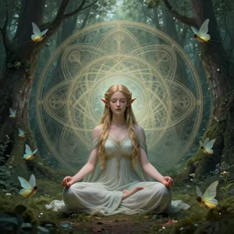 elven princess meditating in forest, surrounded by fairies, surreal, surrealist art, digital art, trending on artstation, ultra detailed, intricate, sacred geometry, serene, beautiful, photo, realistic, perfect, smooth, moebius, by moebius