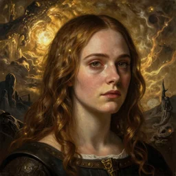 Elle Fanning in the painted world of Dark Souls, head and shoulders masterpiece, apocalypse, golden hour, cosmic horror, artstation, in the style of Renaissance, extremely detailed
