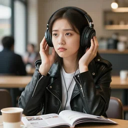 young adult woman in a coffee shop wearing headphones and a leather jacket looking unamused, natural light, magazine photo, 5 0 mm lens