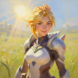 oil painting of tracer from the game overwatch, standing in grassy field, smiling while the sun shines down, feminine face, light rays, radiant quality, 4 k, brush strokes, anatomically accurate face, beautiful eyes, peaceful atmosphere, artstation, n 9