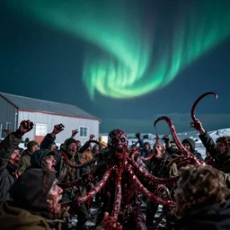 filmic extreme close up shot movie still 4 k uhd exterior shot 3 5 mm film color photograph of a terrifying crowd of people attacking each other with tentacles and blood running in terror around mcmurdo station in antartica at night with the northern lights lighting up the sky, in the style of the horror film the thing 1 9 8 2