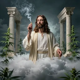 Bill Hader smoking a joint dressed as Jesus with a cloud of smoke at the pearly gates of heaven with cannabis plants around him