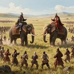 matte painting of a beautiful batttlefield of tai ethnic group versus mongol empire, the fight scene of two warloads ride on their war - elephents in the center of the scene, digital art, trending on artstation