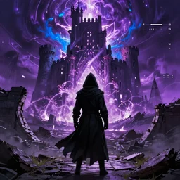 a still of a hooded and cloaked figure in black standing in the ruins of crux prime, destroyed castle, purple and blue fiery maelstrom in the distance, digital art, artstationhq