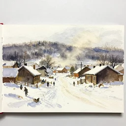 small painted on watercolor paper, paint brush strokes, abstract watercolor painting of western town, snowy weather, winter, american frontier, midday sharp light, dust, cinematic light, american romanticism by hans dahl, by jesper ejsing, by anders zorn, by greg rutkowski, by greg manchess, by tyler edlin