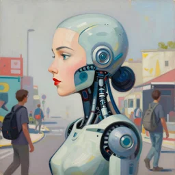 Greg Manchess portrait painting of a woman cyborg, medium shot, asymmetrical, profile picture, Organic Painting, sunny day, Matte Painting, bold shapes, hard edges, street art, trending on artstation, by Huang Guangjian and Gil Elvgren and Sachin Teng
