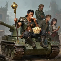 a filipino man sitting on a tank holding a scepter and eating popcorn, highly detailed, d & d, fantasy digital painting, trending on artstation, concept art, sharp focus, illustration, global illumination, ray tracing, realistic shaded, art by artgerm and greg rutkowski and fuji choko and viktoria gavrilenko and hoang lap