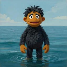 painting of a ( a black haired sri lankan devil sasquatch muppet costume ), standing waist deep, in an infinite ocean, cinematic painting by james jean, limited color palette, 4 k, surreal art, soft lighting, digital art