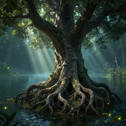 massive lake, tree, roots, treant, subtle patterns, intricate texture, highly detailed, alien world, fungal, light shafts, light diffusion, natural, fireflies, magical, magical plants, magical wildlife, award winning, 8k,