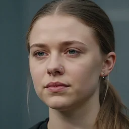 film still close - up shot of greta thunberg with face piercings giving a speech in a crowded train station eating pizza, smiling, the sun is shining. photographic, photography