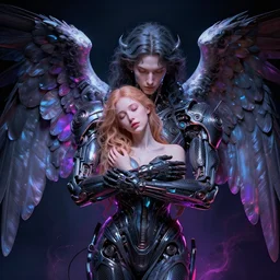 passion, portrait by irakli nadar, alterd carbon, angel protecting woman, neon, detailed intricate render, dark atmosphere, detailed illustration, hd, 4 k, digital art, overdetailed art, surrealistic, by greg rutkowski, by loish, complementing colors, trending on artstation, deviantart