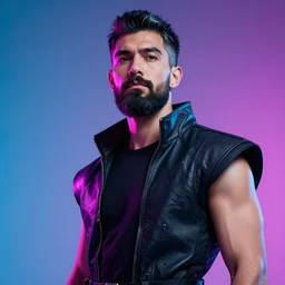 bust portrait of handsome proud man with short black hair with some grey hair, very short full beard warrior, cyberpunk, fashion editorial photography, neon color scheme, waist up, low angle