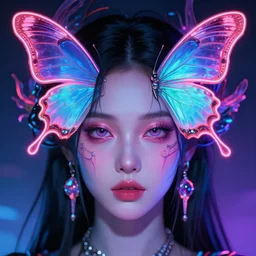 closeup portrait shot of a girl with a neon butterfly head, cult dystopian neon environment, intricate, elegant, highly detailed, centered, digital painting, artstation, concept art, smooth, sharp focus, illustration, artgerm, tomasz alen kopera, peter mohrbacher, donato giancola, joseph christian leyendecker, wlop, boris vallejo