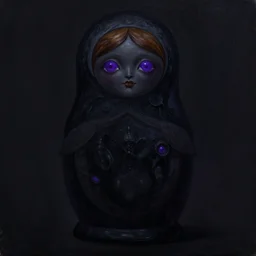 a deep shadow matryoshka entity with deep purple eyes, completely dark, dark shadow, no color, with black magic powers, ultra realistic, 8 k, organic painting, trending on artstation, by huang guangjian, gil elvgren, ruan jia, randy vargas, greg rutkowski